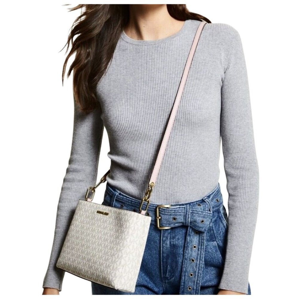 NEW Michael Kors Trisha Triple Compartment Crossbody Bag Vanilla Powder Pink PVC - Picture 5 of 13